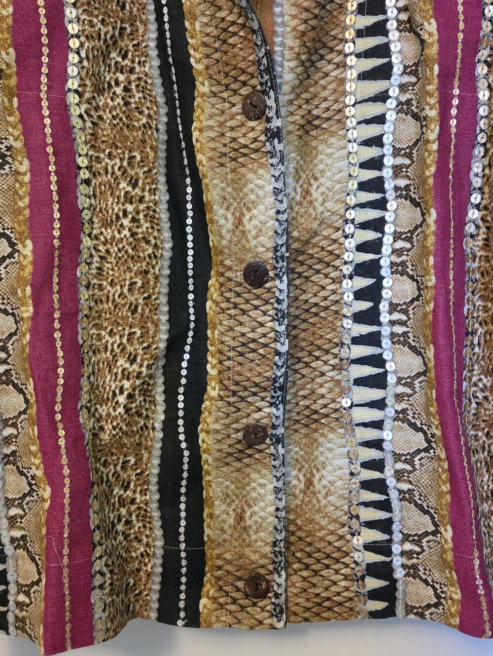 100% Linen Jungle Print Blazer L Safari Animal Sequin Boho Statement Jacket - Picture 5 of 6